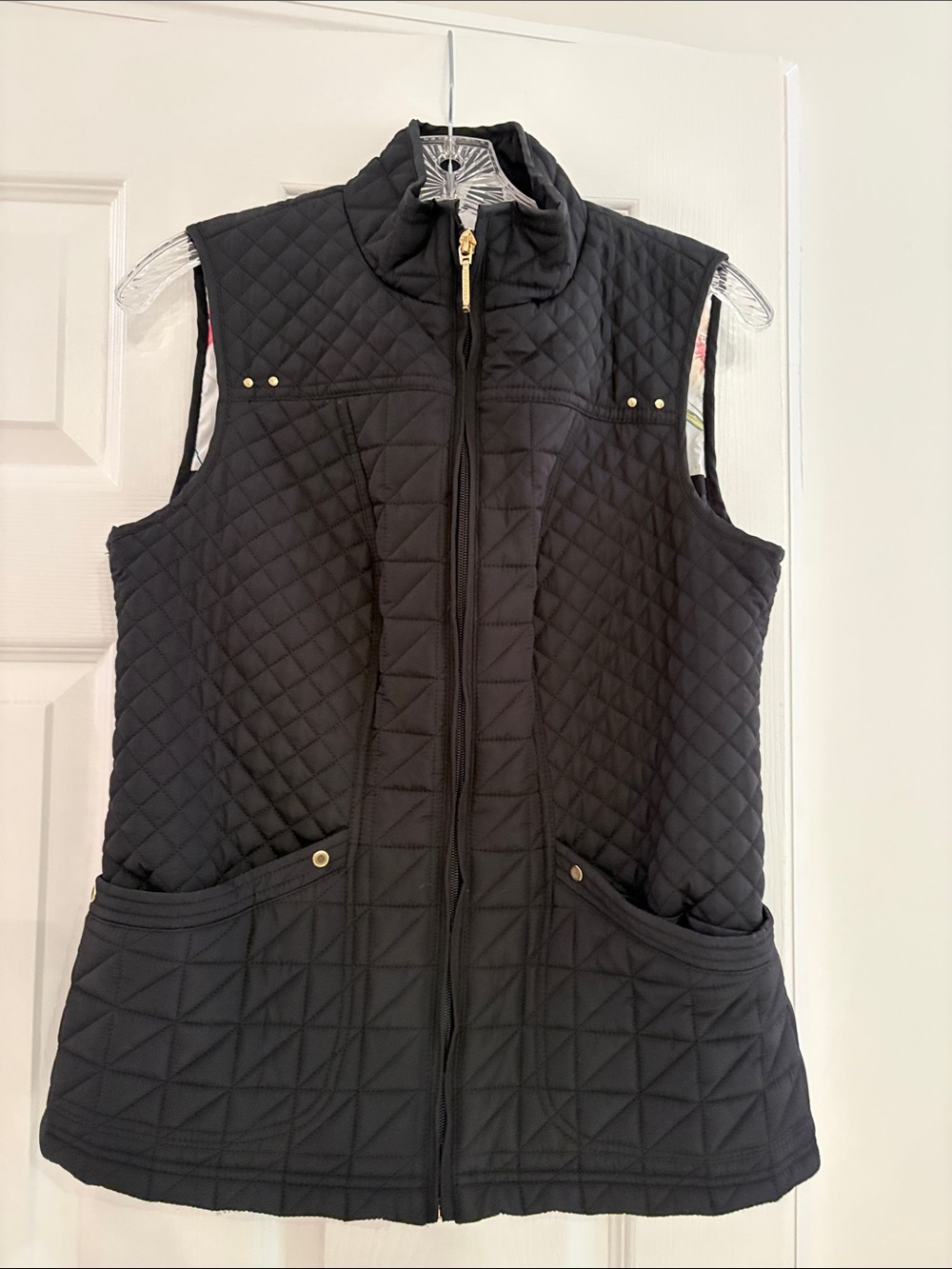 Weatherproof Black Quilted Sleeveless Vest with Gold Hardware